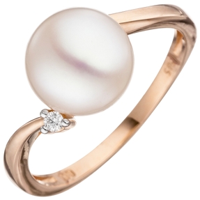Ring Damenring mit Süßwasser Perle weiß & Diamant Brillant 585 Gold Rotgold