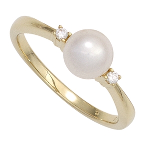 Ring Damenring Süßwasser Perle weiß & 2 Diamanten Brillanten 585 Gold Gelbgold