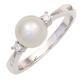 Ring Damenring Süßwasser Perle weiß & 2 Diamanten Brillanten 585 Gold Weißgold