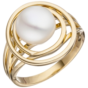 Breiter Ring Damenring mit Süßwasser Perle weiß 585 Gold Gelbgold Goldring
