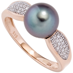Ring Damenring mit Tahiti Perle grau-violett & 34 Brillanten 585 Gold Rotgold
