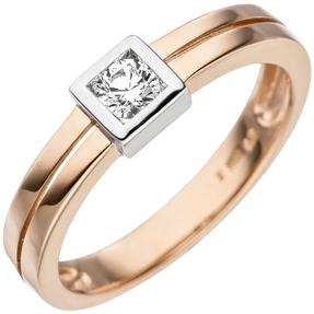 Ring mit weißem Zirkonia Solitär Quadrat 375 Gold Rotgold bicolor Rotgoldring