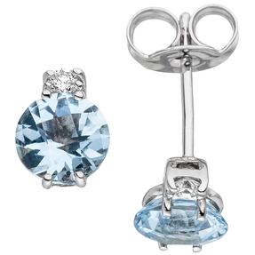 Solitär Ohrstecker 2 Diamanten Brillanten Aquamarine hellblau 585 Gold Weißgold