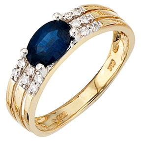 Ring Safirring Goldring mit 12 Diamanten blauer Safir oval 585 Gold Gelbgold