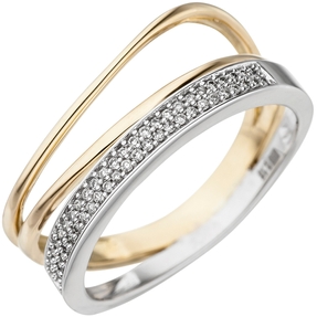 Damen-Ring mit 51 Diamanten Brillanten 3-reihig 585 Gold Gelbgold Weißgold