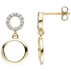 Ohrringe Ohrhänger Hängerstecker mit weißen Zirkonia 2 Ringe 375 Gold Gelbgold