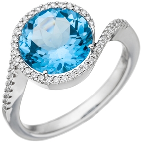 Ring mit 47 Diamanten Brillanten & Blautopas hellblau 585 Gold Weißgold Goldring