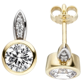 Paar Ohrstecker mit weißen Zirkonia 375 Gold Gelbgold Solitär Goldohrstecker