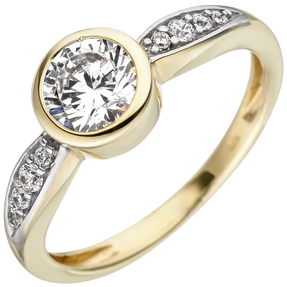 Ring mit weißen Zirkonia Solitär runde Fassung 375 Gold Gelbgold Fingerschmuck