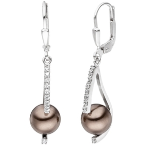 Ohrhänger Ohrringe Brisur braune Perlen & weiße Zirkonia 925 Sterling Silber Ohrhänger Ohrringe Brisur braune Perlen & weiße Zirkonia 925 Sterling Silber