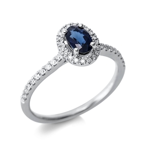 Ring Oval aus 750 Weißgold Saphir 0,57ct blau 38 Brillanten 0,22ct TW-SI B:9mm