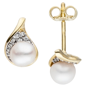Ohrstecker weiße Süßwasser-Perlen Zirkonia 375 Gold Gelbgold Ohrringe Ohrschmuck