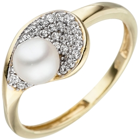Ring Damenring mit Süßwasser-Perle & Zirkonia weiß 375 Gold Gelbgold