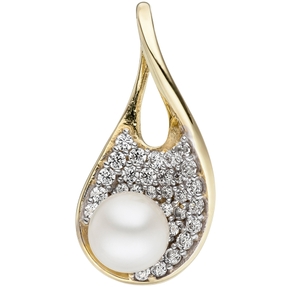 Anhänger mit Süßwasser-Perle & Zirkonia weiß aus 375 Gold Gelbgold Halsschmuck
