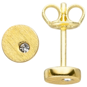 Ohrstecker Ohrringe Zirkonia rund mattiert flach 925 Silber Gelbgold vergoldet Ohrstecker Ohrringe Zirkonia rund mattiert flach 925 Silber Gelbgold vergoldet