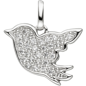Anhänger Vogel mit weißen Zirkonia 925 Sterling-Silber rhodiniert Spatz Meise
