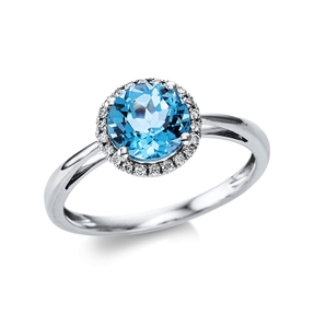 Ring aus 750 Weißgold Topas 1,4ct blau 22 Brillanten 0,1ct TW-SI B:9mm 4er-Krappe