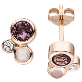 Ohrstecker Zirkonia lila weiß & Glassteine rosa 925 Silber Rotgold vergoldet