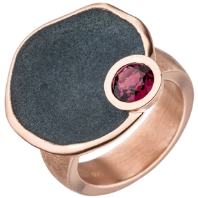 Ring mit rotem Rhodolith flache Ebene teiloxydiert 925 Silber Rotgold vergoldet Ring mit rotem Rhodolith flache Ebene teiloxydiert 925 Silber Rotgold vergoldet