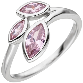Ring 3 spitz-ovale Blätter mit rosa Zirkonia 925 Silber Fingerschmuck Damen Ring 3 spitz-ovale Blätter mit rosa Zirkonia 925 Silber Fingerschmuck Damen