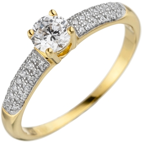 Solitär Ring mit weißen Zirkonia 925 Silber Gelbgold vergoldet Fingerschmuck