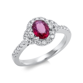 Ring aus 750 Weißgold Rubin 1,02ct rot 30 Brillanten 0,44ct TW-VSI B:10mm