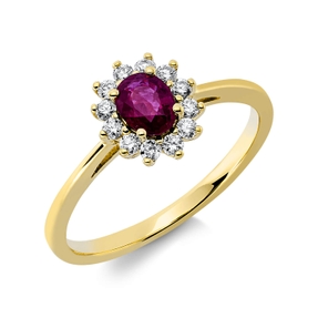Ring aus 750 Gelbgold Rubin 0,35ct rot 12 Brillanten 0,17ct TW-SI B:8,7mm