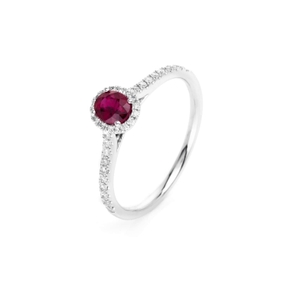 Ring aus 750 Weißgold Rubin 0,38ct rot 36 Brillanten 0,21ct TW-SI B:7mm 4er-Krappe
