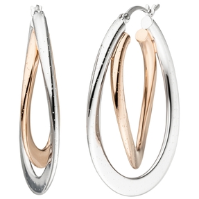 Creolen Ohrringe 2 ovale Tropfen gedreht 925 Silber Rotgold vergoldet bicolor