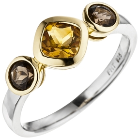 Ring gelber Citrin zwischen Rauchquarzen 925 Silber Gelbgold vergoldet bicolor Ring gelber Citrin zwischen Rauchquarzen 925 Silber Gelbgold vergoldet bicolor