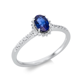Ring aus 750 Weißgold Saphir 0,61ct blau 30 Brillanten 0,11ct TW-SI B:7,8mm