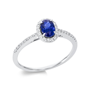 Ring Oval aus 750 Weißgold Saphir 0,57ct blau 32 Brillanten 0,14ct TW-SI B:8,1mm