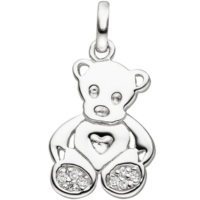 Anhänger für Kinder sitzender Teddy Teddybär Bärchen weiße Zirkonia 925 Silber