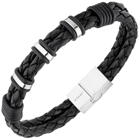 Armband Armschmuck für Herren 2-reihig Leder schwarz mit Edelstahl 21cm Armband Armschmuck für Herren 2-reihig Leder schwarz mit Edelstahl 21cm