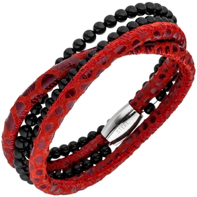 Armband Armschmuck aus Leder rot mit Onyx Kugeln & Edelstahl 19cm Lederarmband