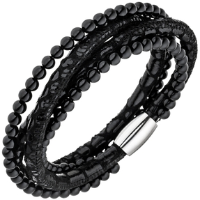 Armband Armschmuck aus Leder schwarz mit Onyx Kugeln & Edelstahl 19cm