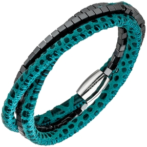 Armband Armschmuck aus Leder türkis mit Hämatit Würfeln & Edelstahl 19cm