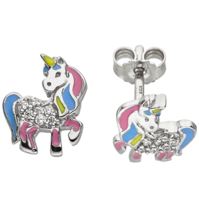 Kinder-Ohrstecker, Einhorn mit weißen Zirkonia, Lackeinlagen 925 Sterlingsilber