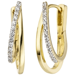 Creolen Klappcreolen Ohrringe mit weißen Zirkonia, 375 Gold Gelbgold, bicolor