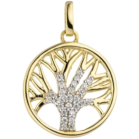 15,3mm Anhänger, Lebensbaum mit weißen Zirkonia 375 Gold Gelbgold teilrhodiniert