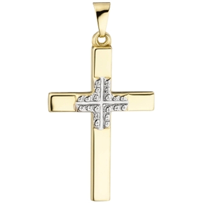 Anhänger weißer Kreuz auf dem Goldkreuz, 375 Gold Gelbgold, teilrhodiniert Anhänger weißer Kreuz auf dem Goldkreuz, 375 Gold Gelbgold, teilrhodiniert