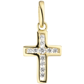 Anhänger Goldanhänger Kreuz Goldkreuz mit weißen Zirkonia, 375 Gold Gelbgold