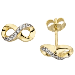 Ohrstecker Ohrringe Unendlichkeit 8 Infinity, weiße Zirkonia 375 Gold Gelbgold
