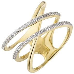 Ring Damenring elegant verformt weiße Zirkonia breit 3-reihig 375 Gold Gelbgold