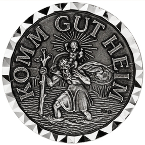 Autoplakette 'KOMM GUT HEIM' Christopherus aus 925 Silber, oxydiert, mit Magnet