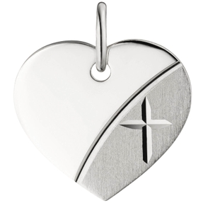 Gravurplatte Herz mit Kreuz Kreuzchen aus 925 Sterlingsilber rhodiniert teilmatt