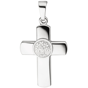Anhänger Kreuz mit Lebensbaum in der Mitte, 925 Silber, rhodiniert teilmatt