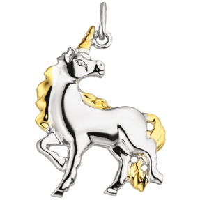 Anhänger für Kinder Halsschmuck Einhorn, 925 Silber, rhodiniert teilvergoldet