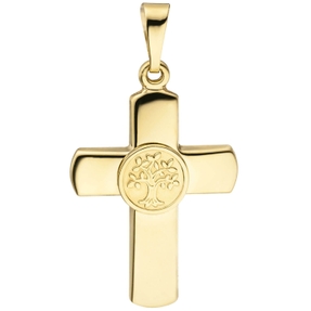Anhänger Kreuz Kreuzchen mit Lebensbaum in der Mitte 333 Gold Gelbgold, teilmatt