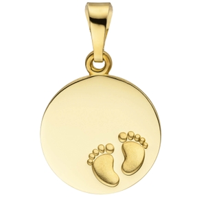 Anhänger Gravurplatte Babyfüße 12,3mm Kreis aus 333 Gold Gelbgold, teilmattiert